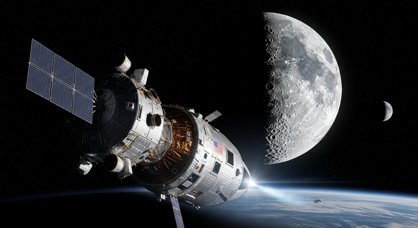 Космический корабль Orion на фоне Луны