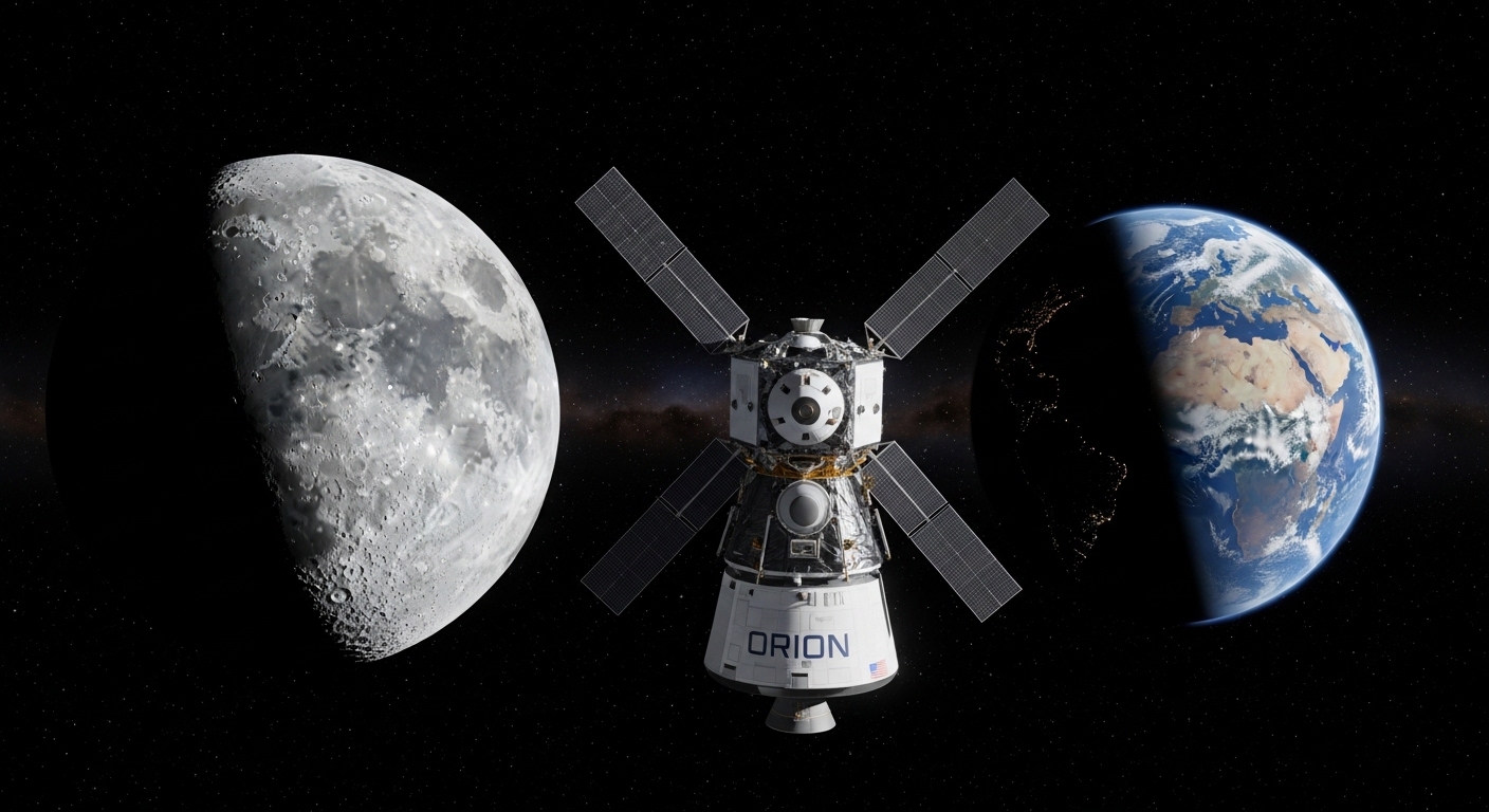 Космический корабль Orion на фоне Луны