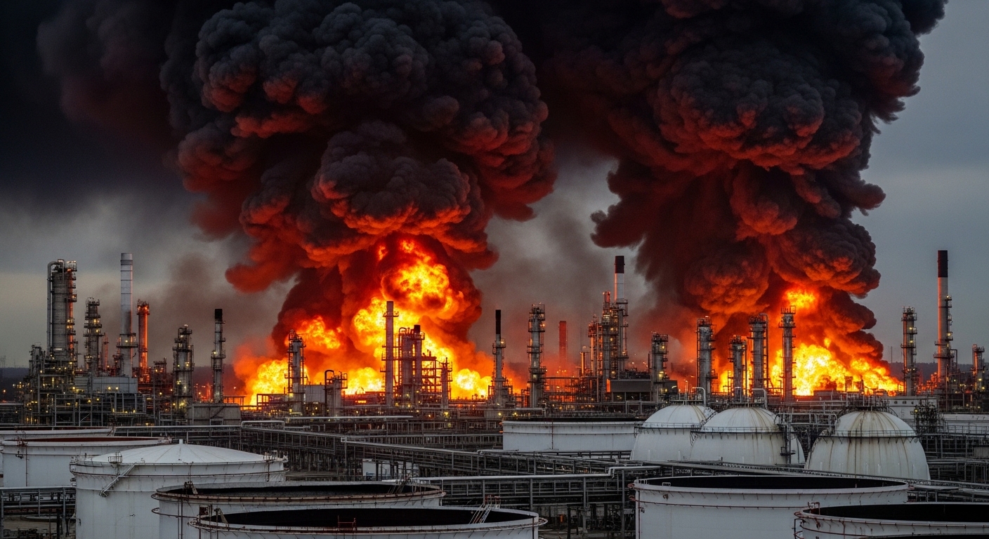Пожарные расчёты тушат горящий нефтеперерабатывающий завод