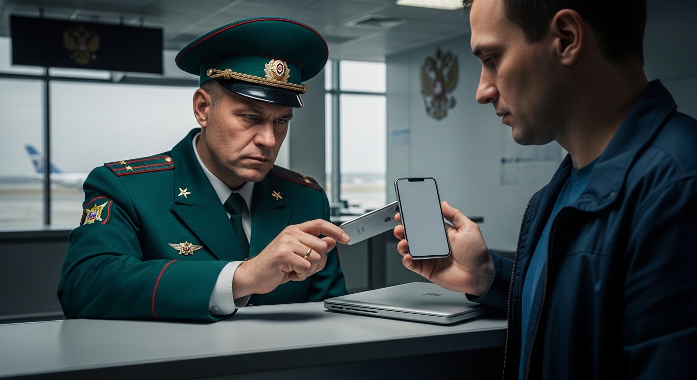 Пограничник проверяет смартфон пассажира