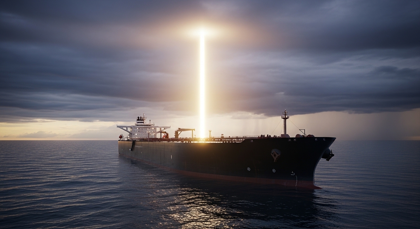 Танкер с нефтью в море на фоне заката