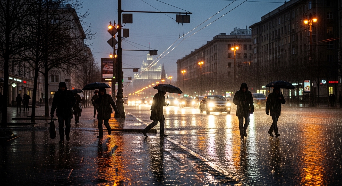 Мощный ливень над Москвой вечером