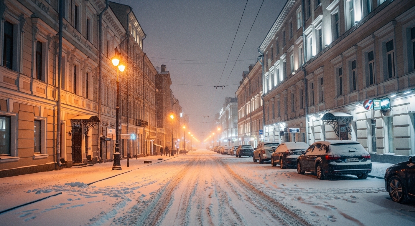 Снегопад и дождь на улицах Москвы