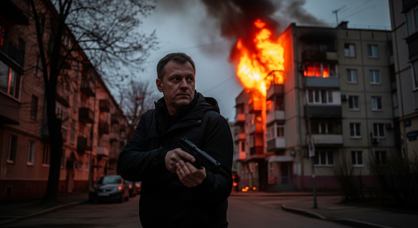 Вооруженный мужчина на фоне жилого дома в Киеве