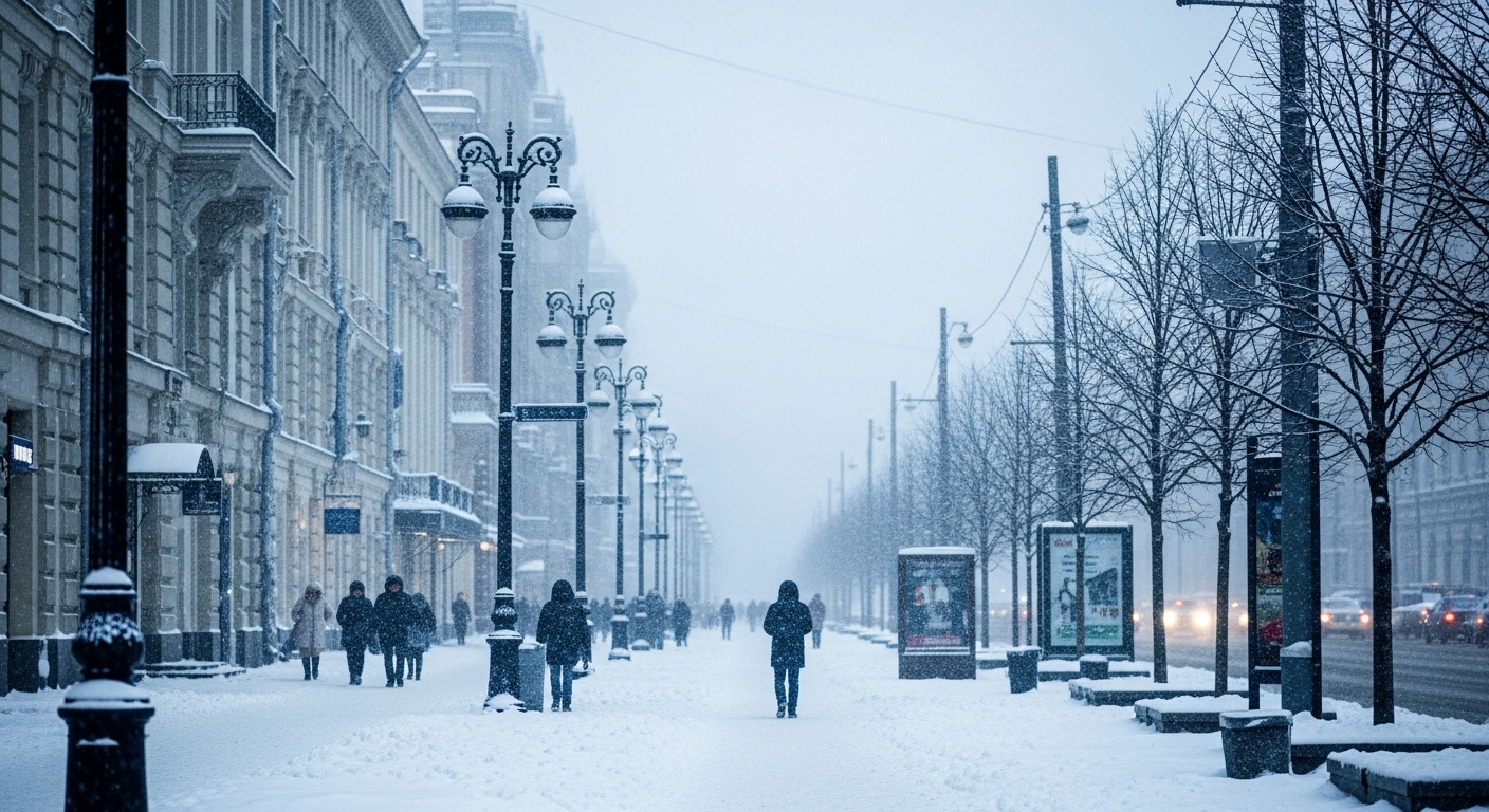Снегопад и гололед на московской улице