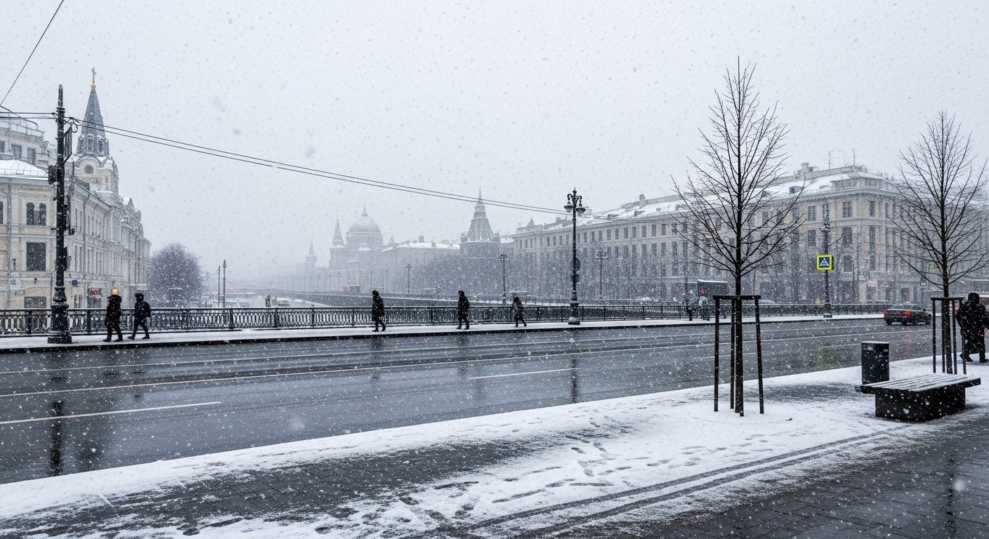Снегопад в Москве на улице города
