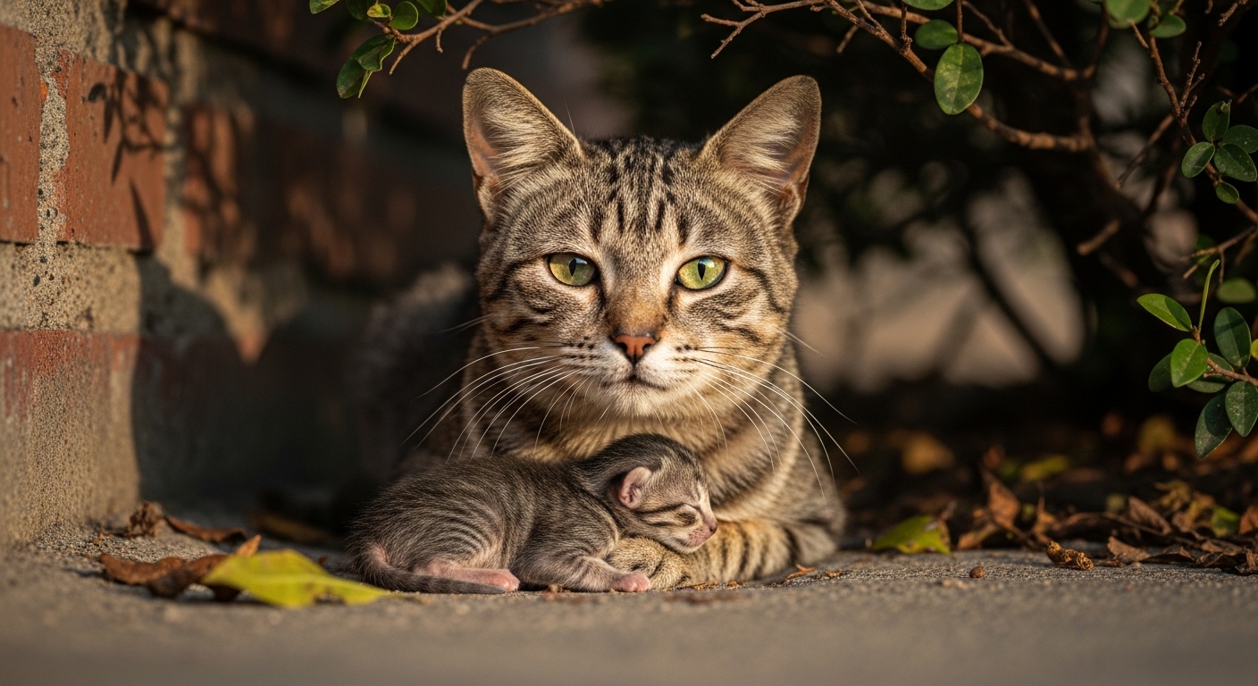 Бездомная кошка с котёнком у порога дома