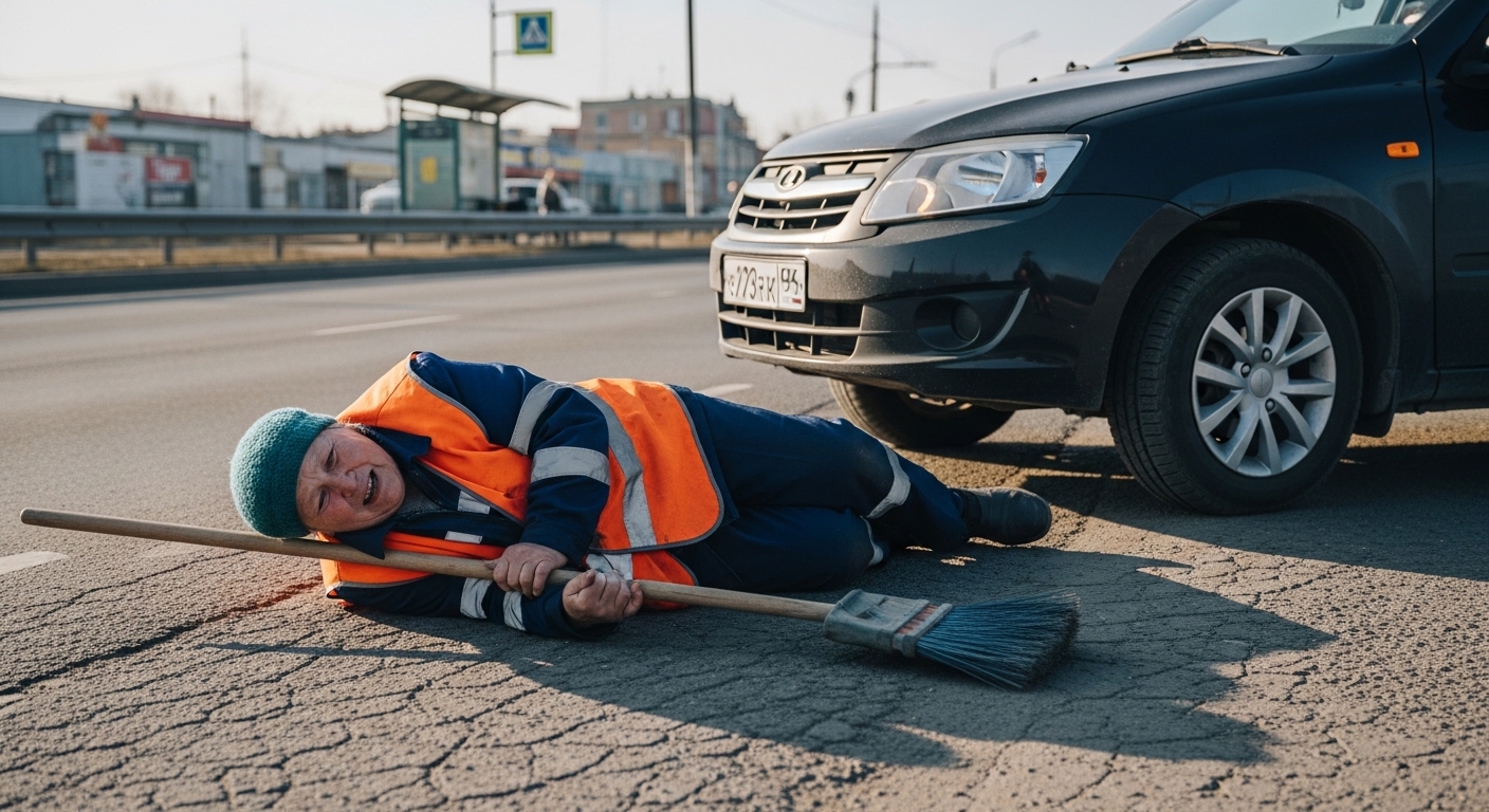 Пожилая женщина-дворник лежит на дороге после наезда автомобиля