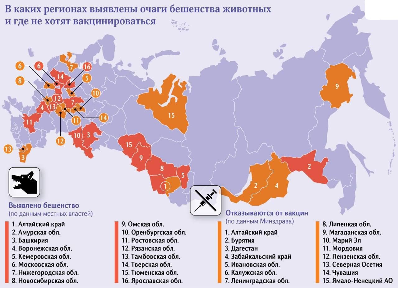 Карта распространения бешенства в регионах России