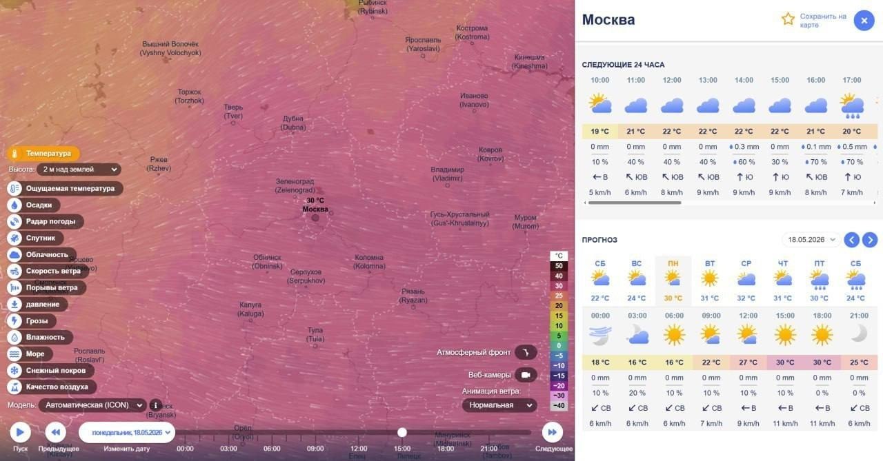 Термометр показывает 32 градуса жары в Москве