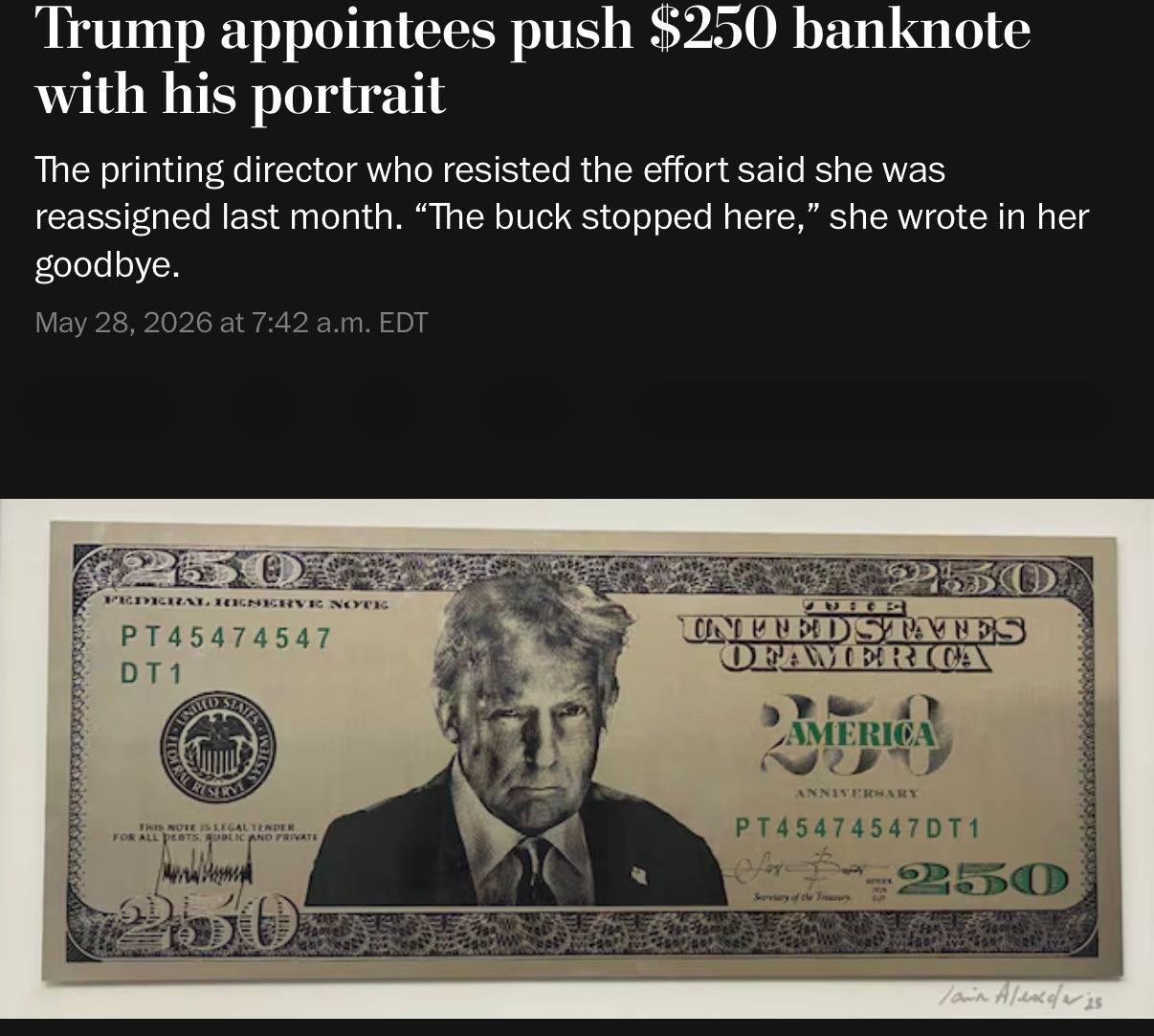 Эскиз банкноты 250 долларов с портретом Дональда Трампа