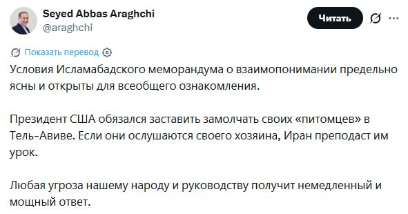 Глава МИД Ирана Арагчи выступает с заявлением о питомцах в Тель-Авиве
