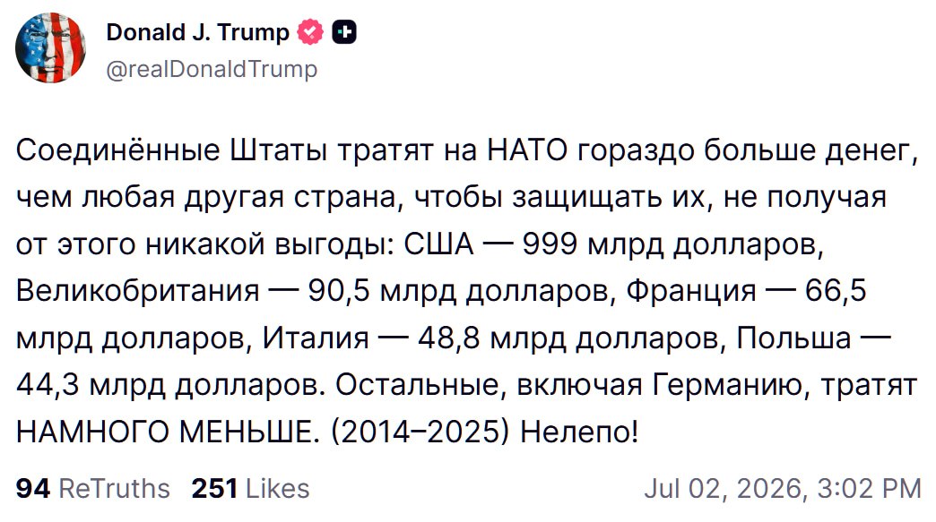 Дональд Трамп критикует НАТО за нелепые траты