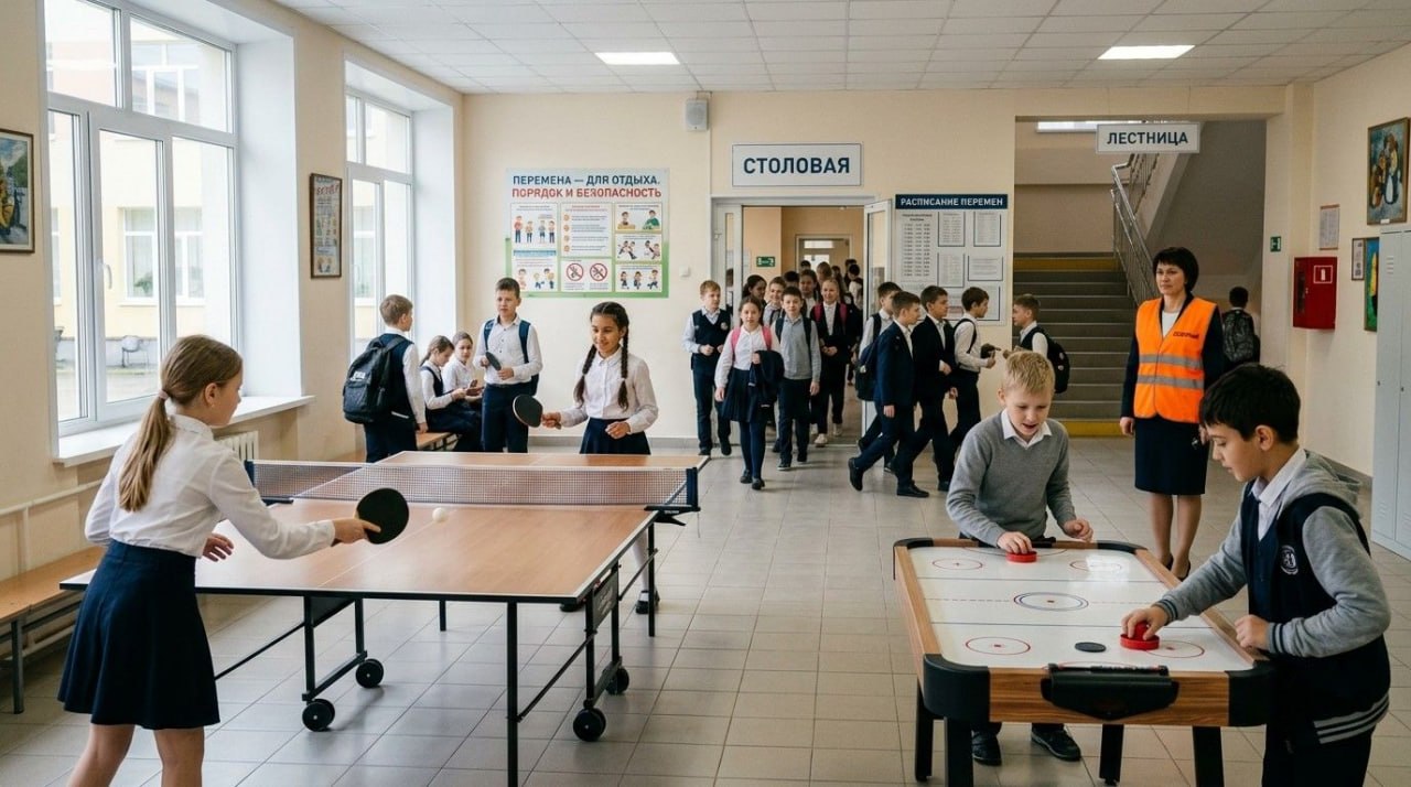 Школьники отдыхают на длинной перемене в коридоре