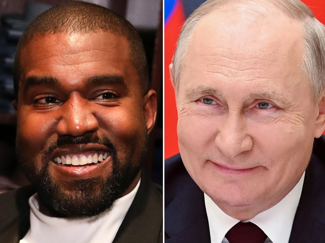 Канье Уэст и Владимир Путин на фоне флагов России и США