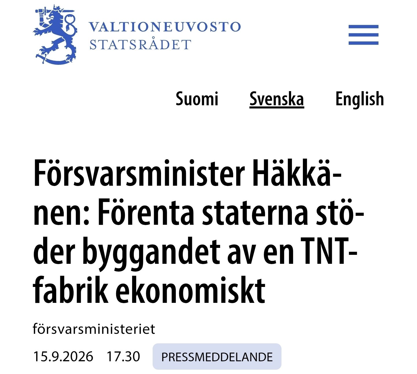 Строительство завода тротила в Финляндии