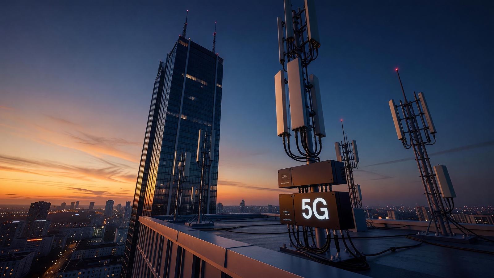 Вышка сотовой связи 5G на фоне городского пейзажа