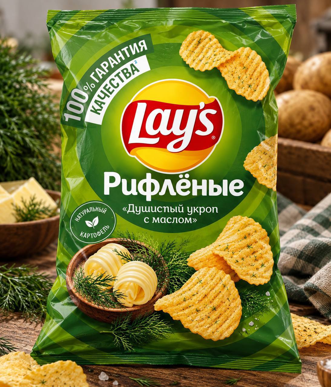 Пачка чипсов Lay’s с новым вкусом укропа и масла