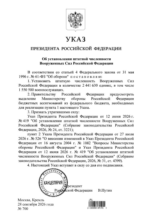 Подписание указа о численности Вооруженных сил России